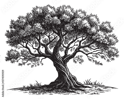 Olive tree woodcut engraving vector illustration