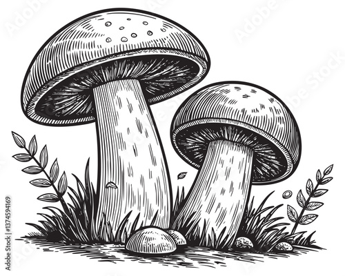 mushroom woodcut engraving vector illustration