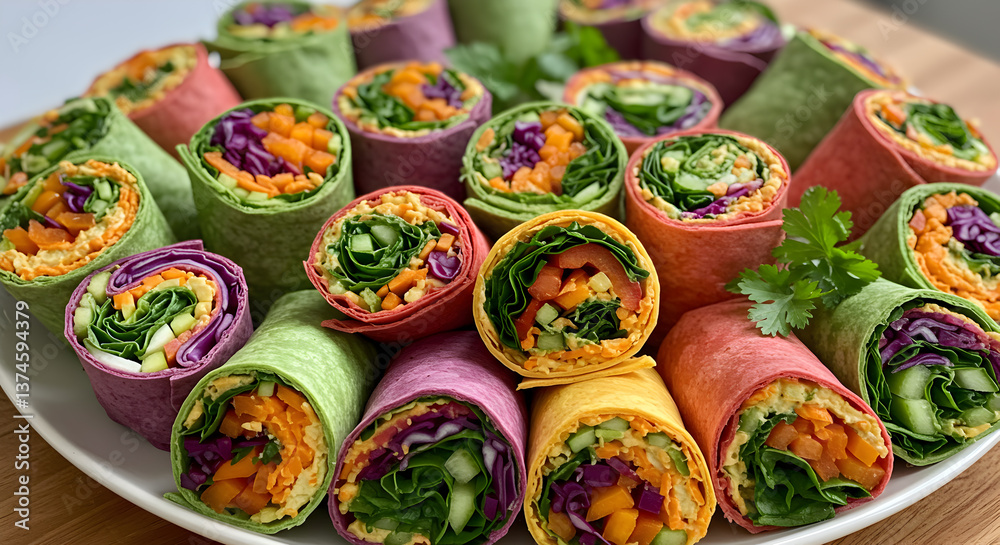 Assortment of vibrant rainbow vegetable wraps displayed on serving platter Assortment of vibrant rainbow vegetable wraps displayed on serving platter
