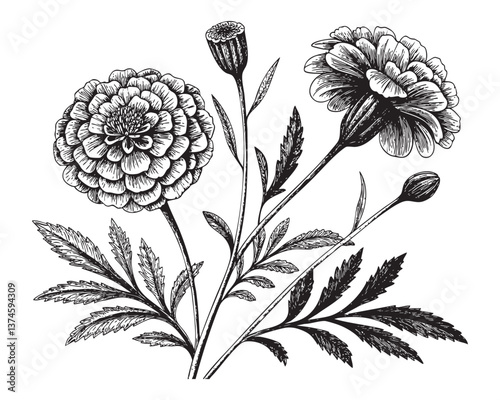 marigolds flowers botanical woodcut engraving vector illustration