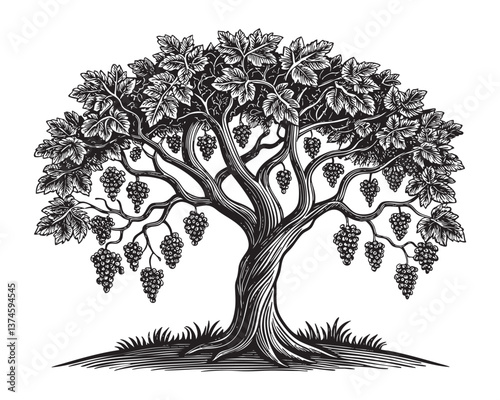 grape tree woodcut engraving vector illustration