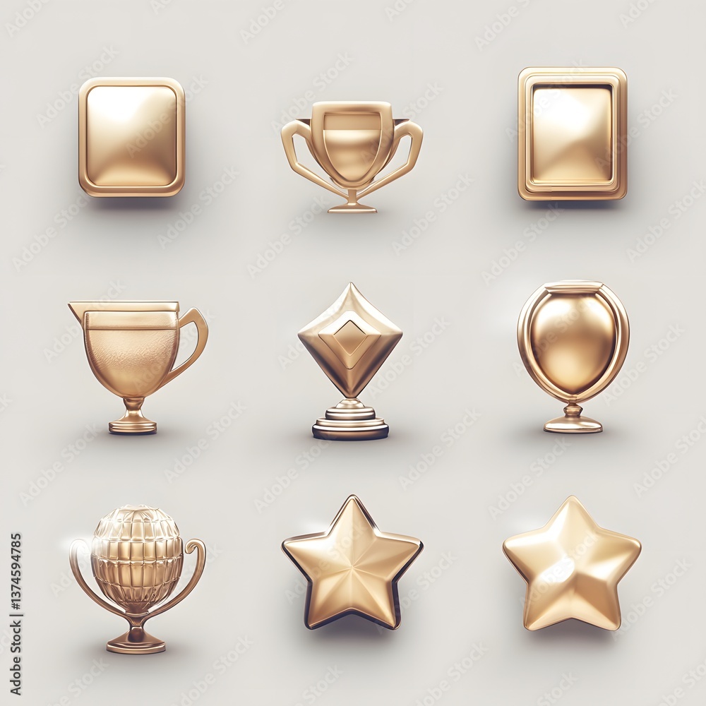 Golden Trophy Collection: A curated collection of golden trophies and awards, exquisitely rendered, showcasing diverse shapes and designs, ideal for representing achievement and success. Golden Trophy Collection: A curated collection of golden trophies and awards, exquisitely rendered, showcasing diverse shapes and designs, ideal for representing achievement and success.