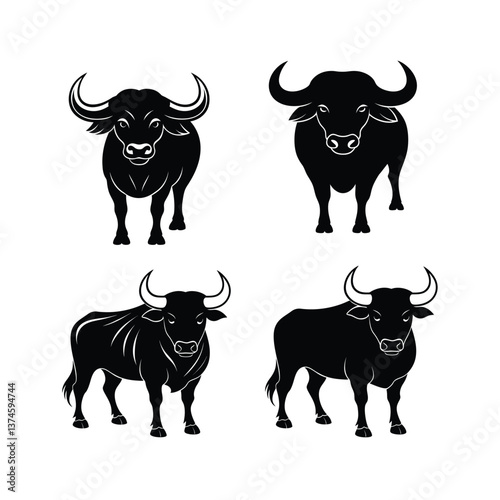 Bold black silhouette buffalo with large curved horns 1
