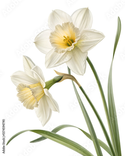 White bouquet of daffodils and narcissus flowers in bloom