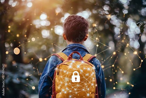 Child with yellow backpack featuring digital padlock icon, concept of cybersecurity in education, school data protection and online privacy for students, secure digital identity in connected world, fu photo