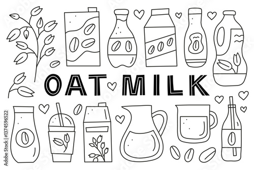 Set of doodle outline oat milk isolated on white background. Plant based alternative beverages. Vegan calcium sources. Healthy nutrition.