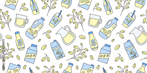 Seamless pattern with doodle colored oat milk and oat branches, ears. Plant based alternative beverage. Vegan calcium source. Healthy nutrition.