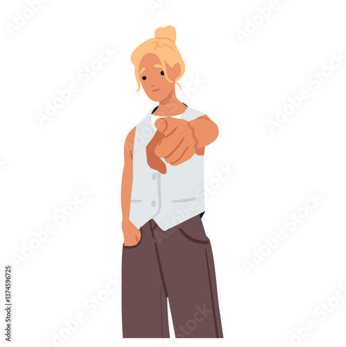 Fashion young woman cartoon character with mysterious expression on face pointing finger at viewer