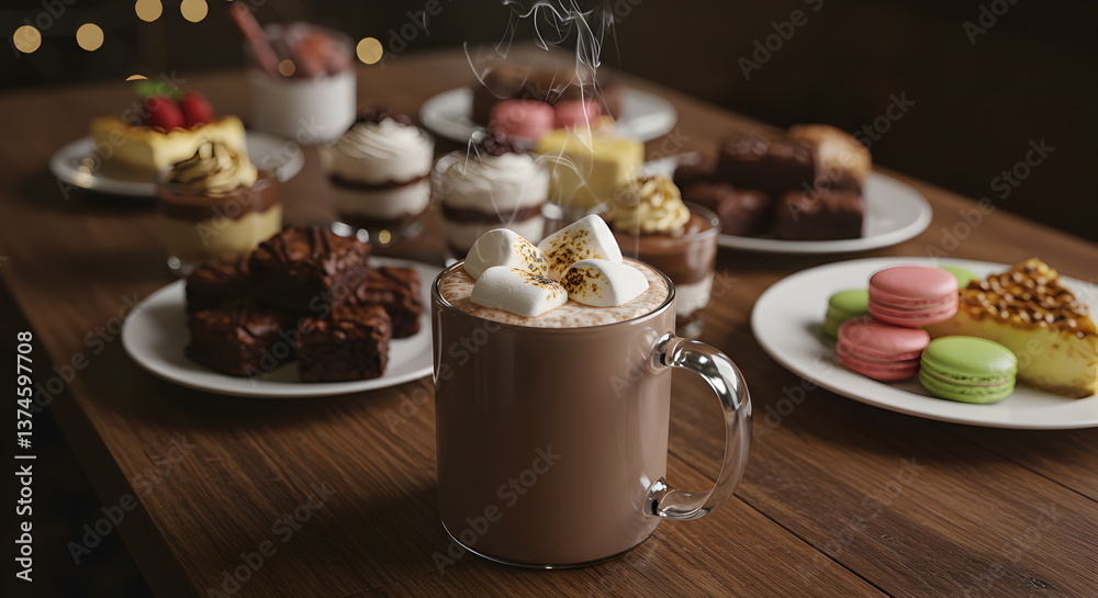 Fototapeta premium Indulgent Dessert Spread Featuring Hot Cocoa and an Assortment of Sweet Treats