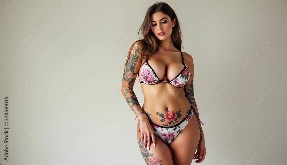 Stunning young woman in bikini and tattoos corresponding swimwear colors posing