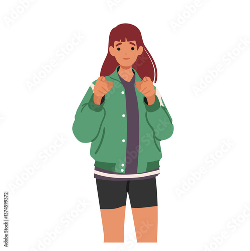 Teenage girl cartoon character pointing with two index finger forward at you isolated on white