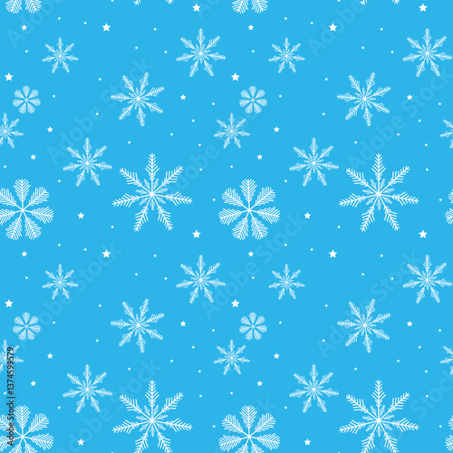 Christmas Seamless Background with White Snowflakes and Stars on Blue Sky. Eps10, Contains Transparencies. Vector
