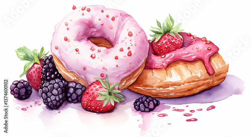 Watercolor illustration of donuts, pastries, and berries – sweet dessert art with choux pastry, pink frosted doughnut, blueberries, strawberries – bakery food illustration