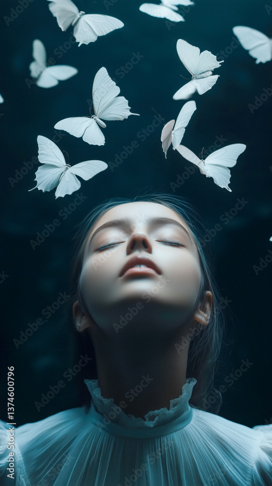Close-up of a young woman's face surrounded by white butterflies against a dark background, in a surrealistic style.