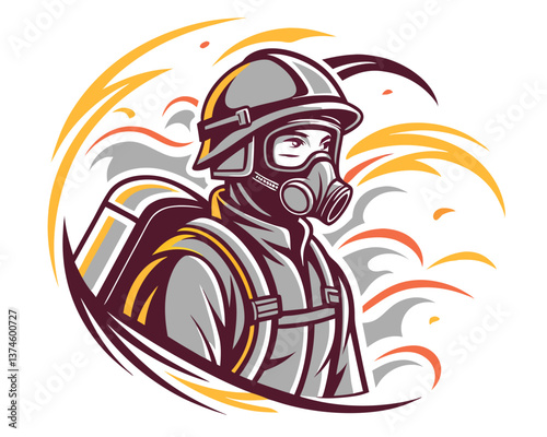 Stylized profile illustration of a firefighter with helmet and breathing apparatus in flames.