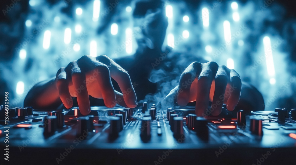 Close-up of a DJ's hands on a mixing board, with a blurred background of lights and smoke.