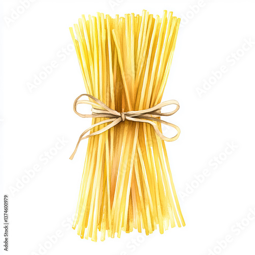 Watercolor Illustration of Bundled Pasta with Twine – Classic Italian Spaghetti, Rustic Food Art, Culinary Long Pasta for Prints and Design