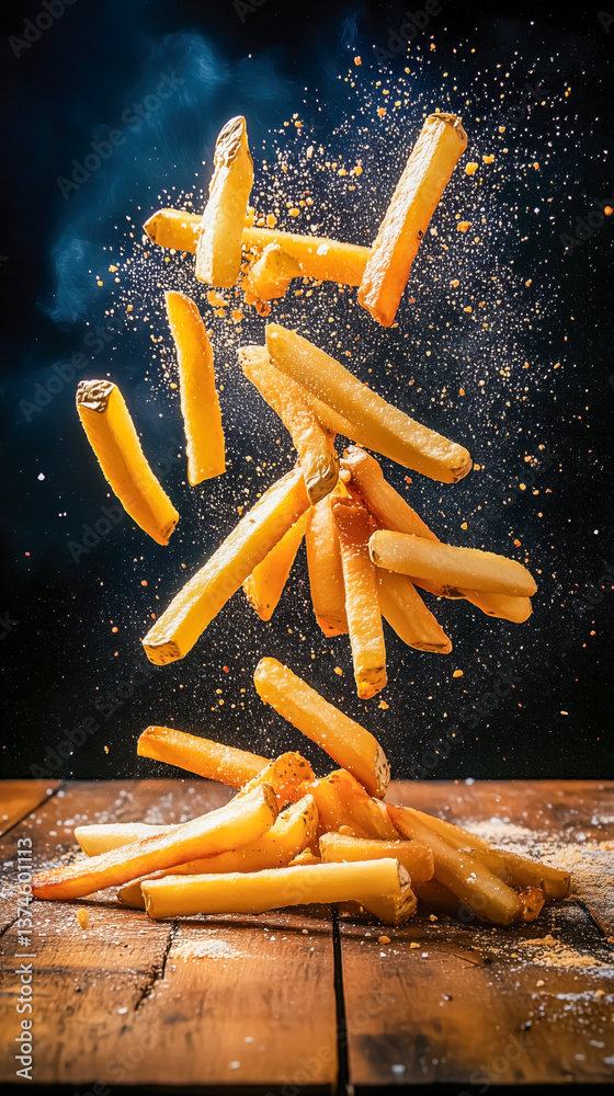 Close-up of french fries flying in the air, with spices falling around them, over a wooden table against a dark background.