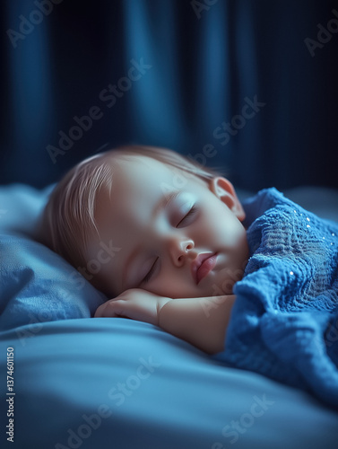 Close-up of a sleeping baby wrapped in a blue blanket.