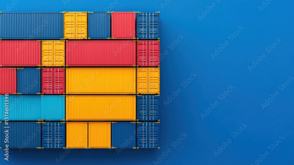 Fototapeta premium Colorful Cargo Containers Stacked on Blue Background, Global Trade and Shipping Concept