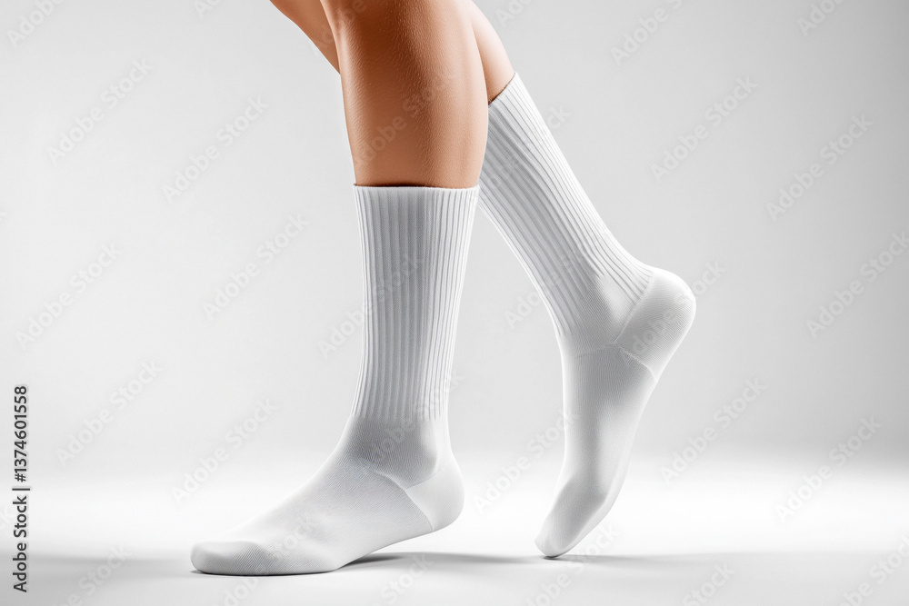 Close-up of a pair of white crew socks on a person's legs, against a white background with studio lighting.