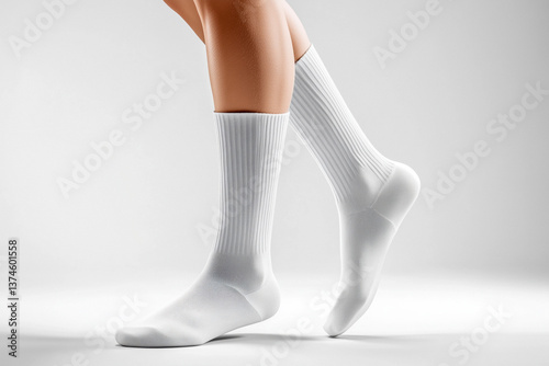 Obraz na płótnie Close-up of a pair of white crew socks on a person's legs, against a white background with studio lighting. w salonie