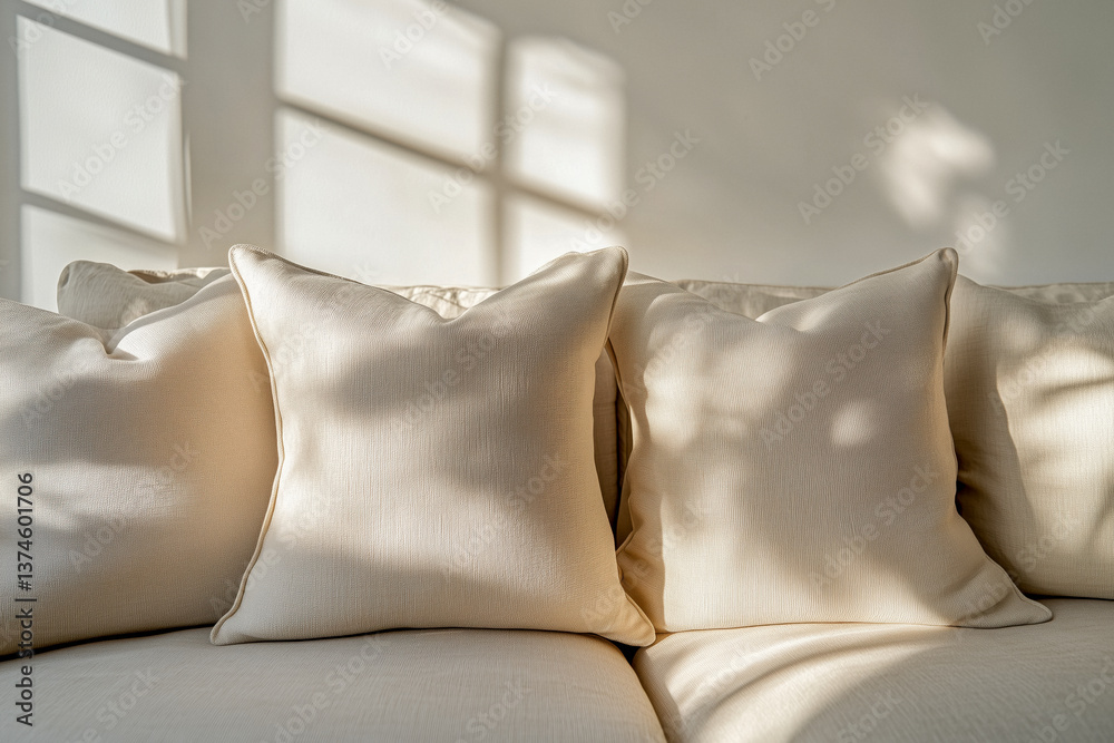 Close-up of two beige decorative pillows on a sofa, with sunlight casting shadows on the wall behind.