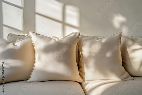 Obraz na płótnie Close-up of two beige decorative pillows on a sofa, with sunlight casting shadows on the wall behind. w salonie