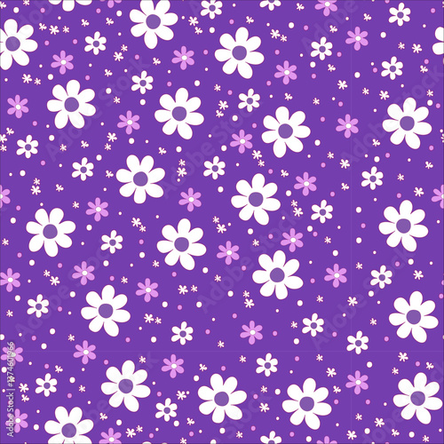 White, pink flowers of different sizes on a fabulous dark purple patterned background.