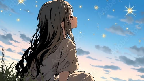 Young Woman Gazing at the Starry Night Sky Dreaming Under Twilight's Embrace