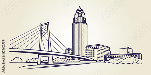 Omaha skyline, featuring the Bob Kerrey Pedestrian Bridge and First National Bank Tower in a sleek line drawing style.