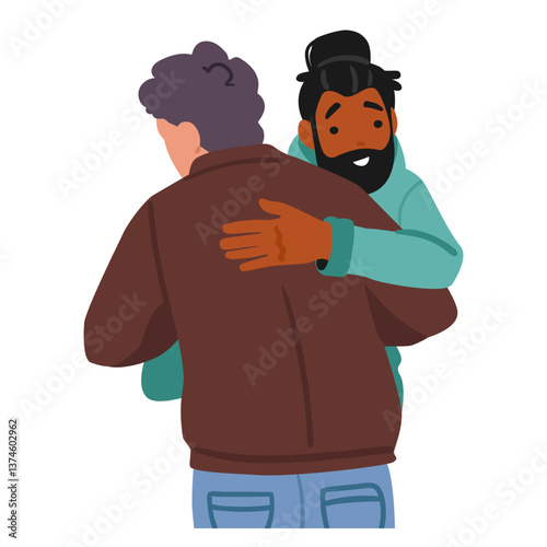 Diverse multiethnic male best friends characters greeting each other with strong brotherly hugs