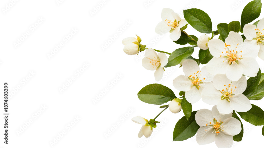Obraz premium Blossoming Jasmine Flowers with Buds and Leaves, cut out transparent