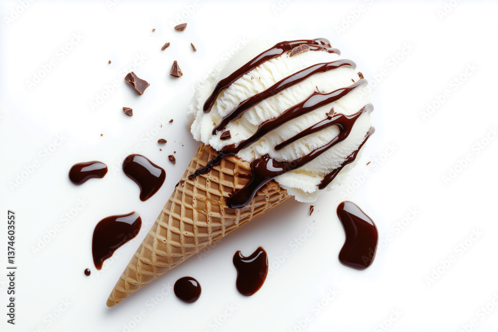 Top-down view of a vanilla ice cream cone with chocolate sauce and chocolate pieces, on a white background.