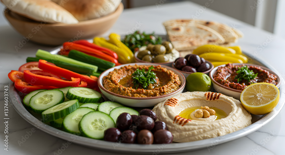 A Delicious Mezze Platter with Hummus, Pita Bread and Fresh Vegetables, for sharing A Delicious Mezze Platter with Hummus, Pita Bread and Fresh Vegetables, for sharing