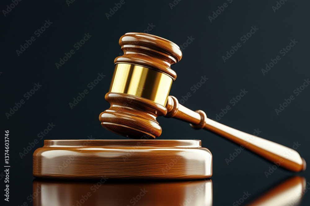 Close-up of a wooden judge's gavel on a wooden stand, against a black background.