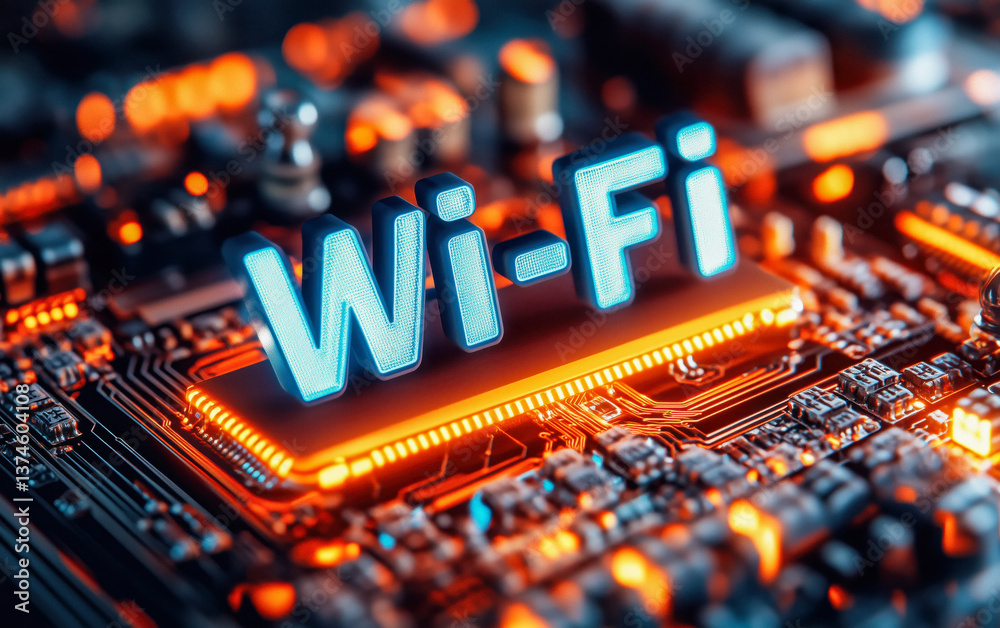 Close-up of the word 'Wi-Fi' in 3D letters on a computer circuit board, with a warm glow.