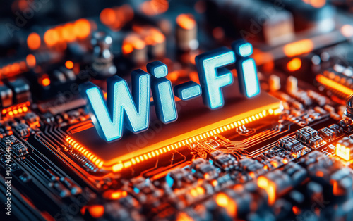 Obraz na płótnie Close-up of the word 'Wi-Fi' in 3D letters on a computer circuit board, with a warm glow. w salonie
