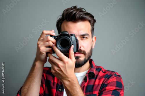 Man Taking Photo with Camera, on white background