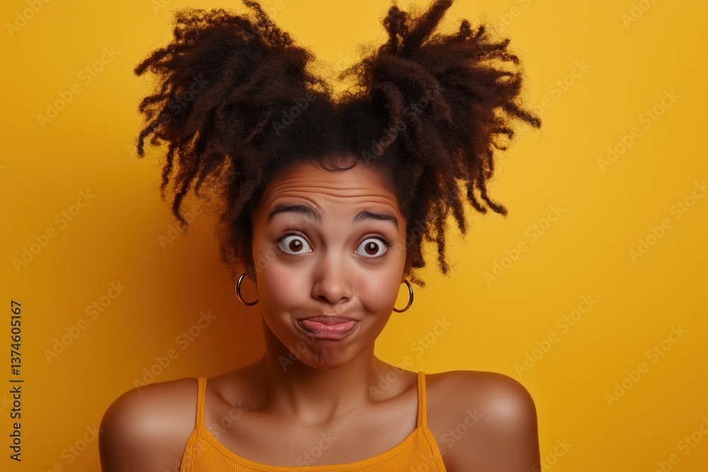 Close-up portrait of a confused young woman with dark, textured hair styled in two puffs, looking surprised against a yellow background.
