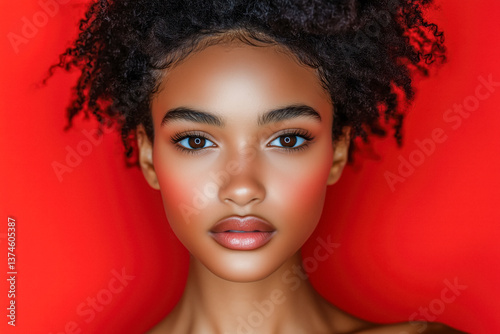 Close-up portrait of a young woman with dark, textured hair, looking straight at the camera against a red background.