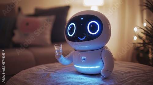 Cute AI assistant robot holds a glass of water while sitting on a table in a warmly lit living room with a cozy and friendly atmosphere