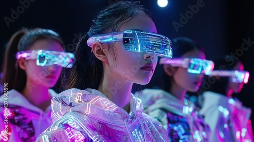 Futuristic teenage girls wear immersive neon smart glasses and glowing jackets, standing confidently in a cyberpunk fashion environmen