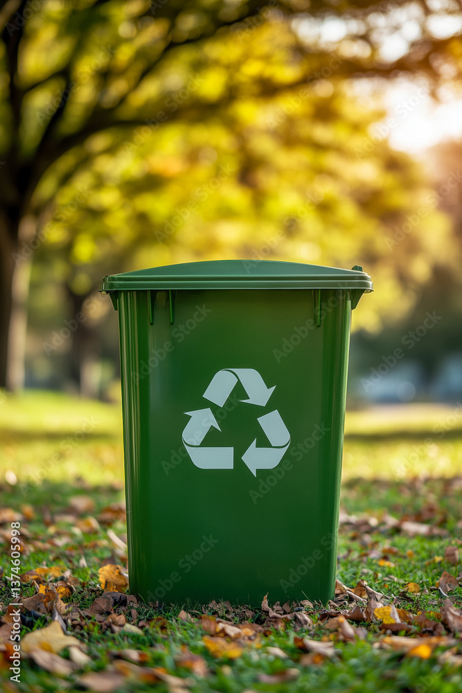 A green recycling bin with the universal recycling symbol in a park setting, with trees and sunlight in the background.