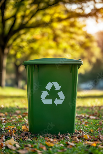 Obraz na płótnie A green recycling bin with the universal recycling symbol in a park setting, with trees and sunlight in the background. w salonie