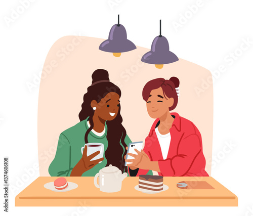 Two teenage girls chatting gossiping about news in social media looking at mobile screen in cafe