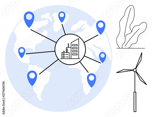 Map with blue location markers connecting to a central building, wind turbine, and abstract plant illustration. Ideal for sustainability, global trade, eco-business, renewable energy, networking