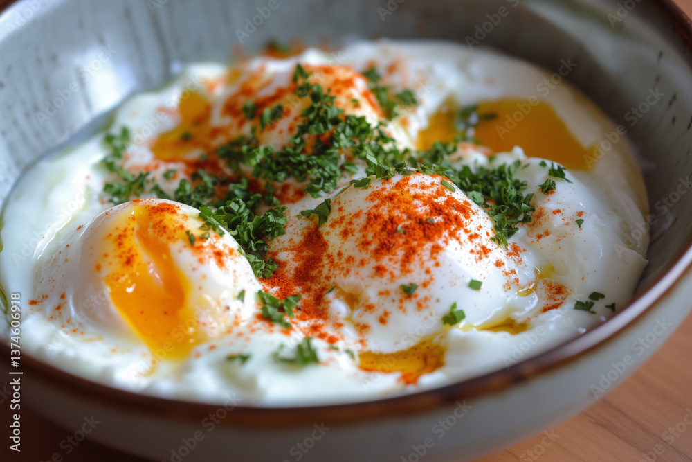 Turkish Eggs, poached eggs topped over herbed greek yogurt, drizzled with hot spiced paprika olive oil Turkish Eggs, poached eggs topped over herbed greek yogurt, drizzled with hot spiced paprika olive oil