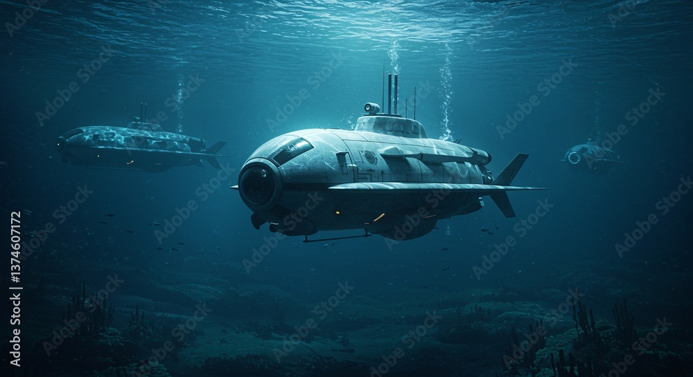 Fototapeta premium Two sleek, futuristic submarines navigate the dark, deep ocean waters