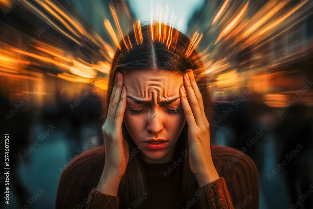 Close-up of a woman with a severe headache, holding her temples against a background of blurred, radiating light streaks.